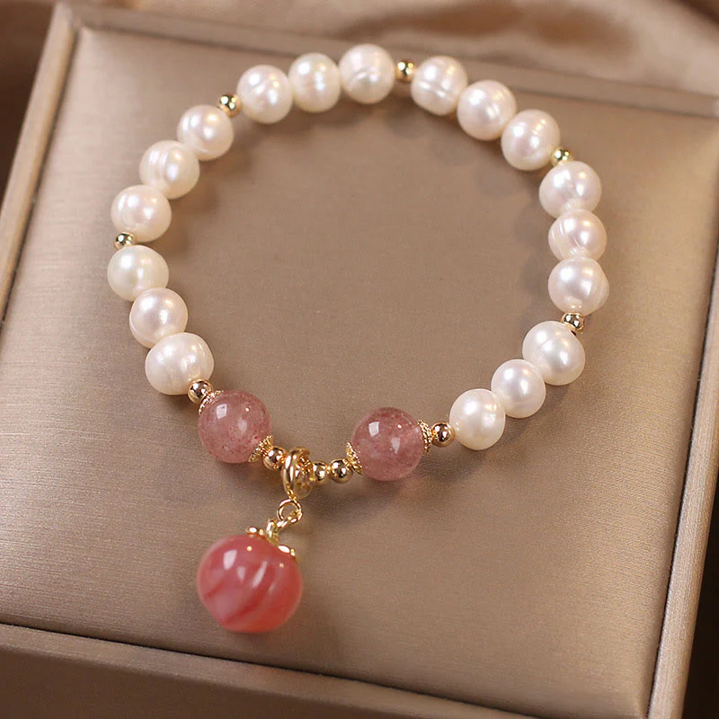Bracciale con ciondolo a forma di cuore, amore, saggezza, perle naturali, quarzo fragola e pesca Buddha Stones - Image 3