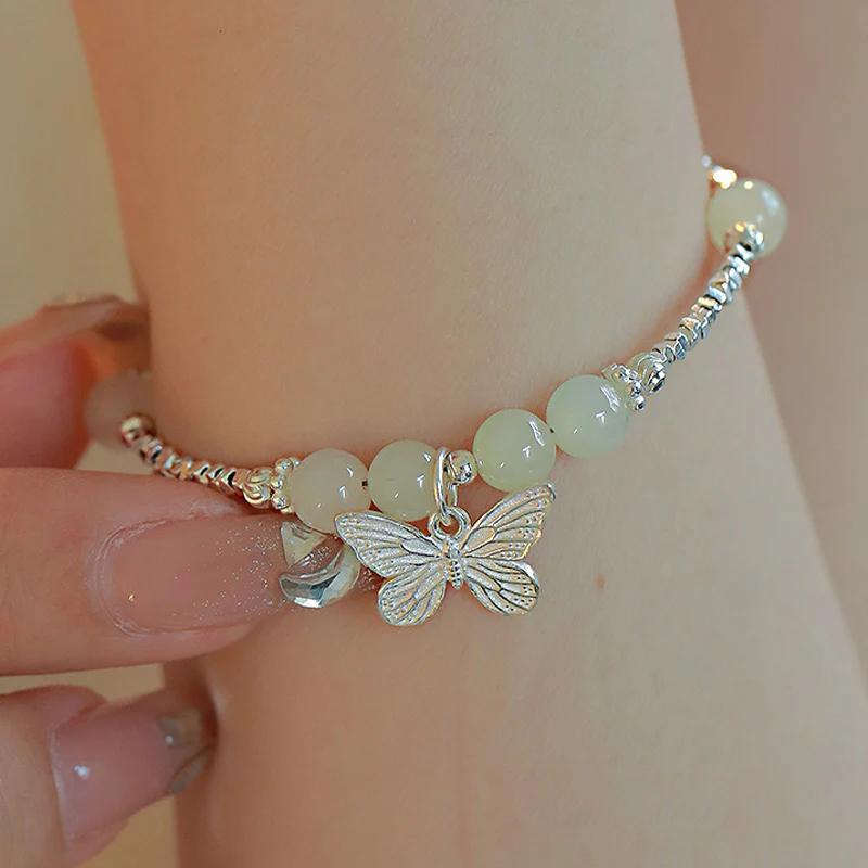 Bracciale con ciondolo a forma di farfalla in giada naturale Hetian in argento sterling 925 Buddha Stones - Image 5