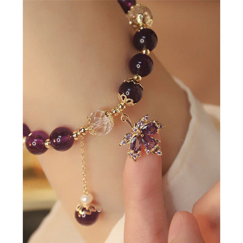 Bracciale con ciondolo a forma di foglia d'acero con ametista naturale placcato oro 14k Buddha Stones - Image 10
