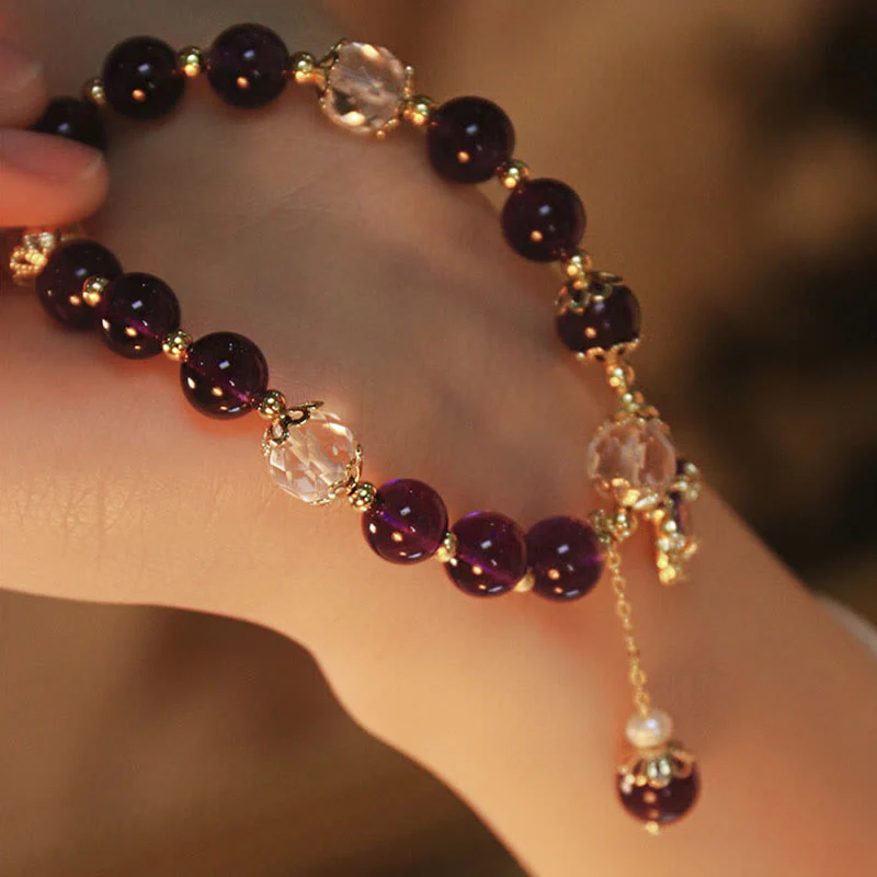 Bracciale con ciondolo a forma di foglia d'acero con ametista naturale placcato oro 14k Buddha Stones - Image 7