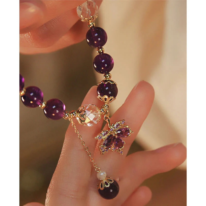 Bracciale con ciondolo a forma di foglia d'acero con ametista naturale placcato oro 14k Buddha Stones - Image 9