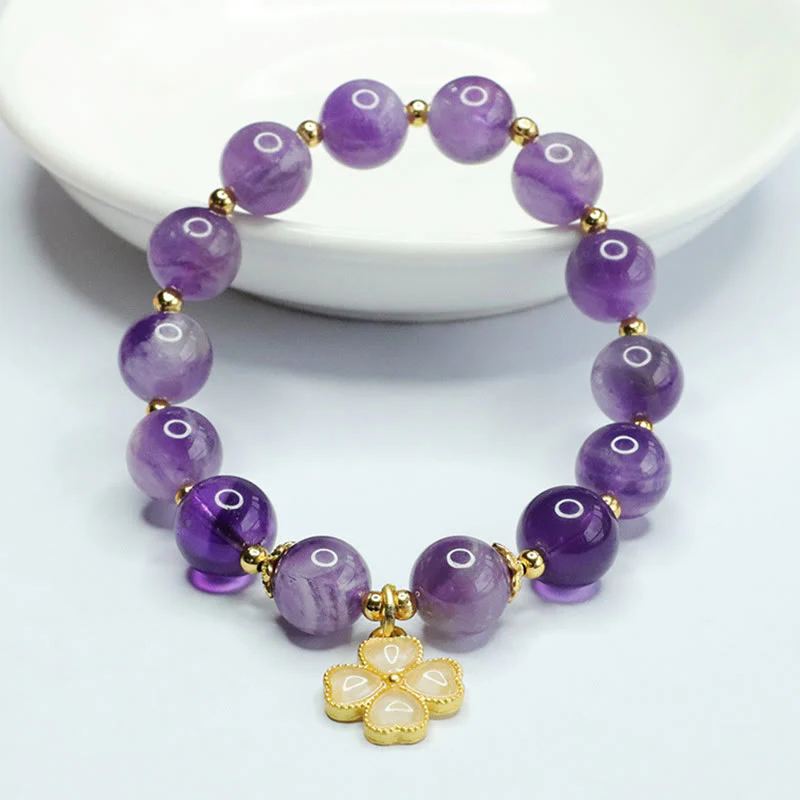 Bracciale con ciondolo a forma di quadrifoglio Buddha Stones, cristallo di ametista naturale e pace interiore - Image 3