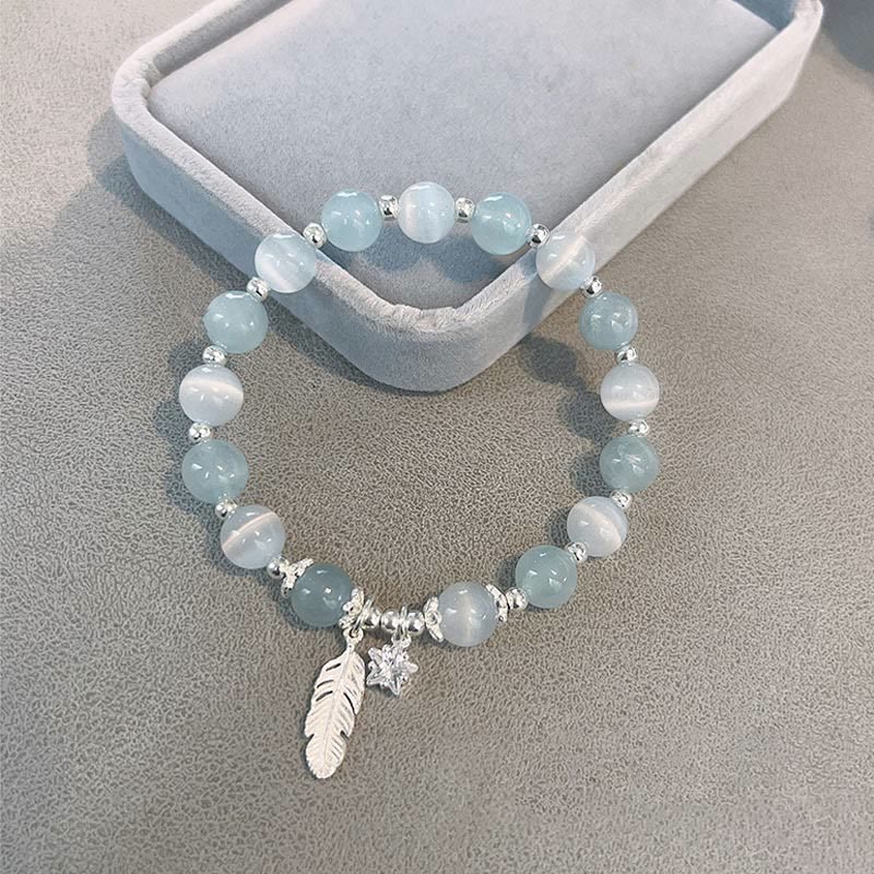 Bracciale con ciondolo a forma di stella di piuma con occhio di gatto e acquamarina in argento sterling 925 Buddha Stones - Image 3