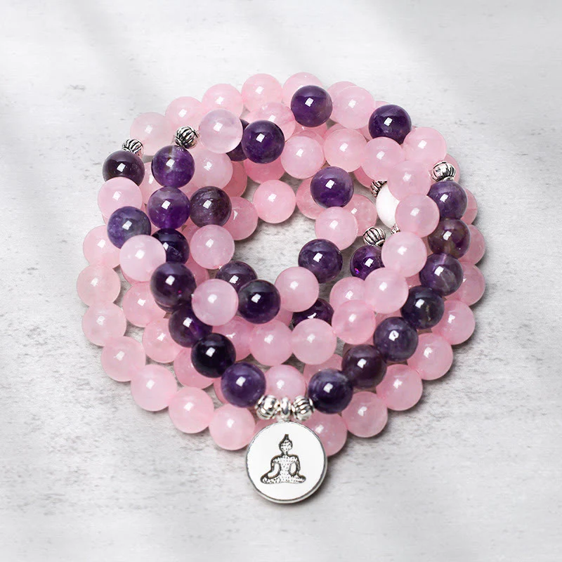 Bracciale con ciondolo di loto in perline di Mala in quarzo rosa naturale e ametista Buddha Stones - Image 6