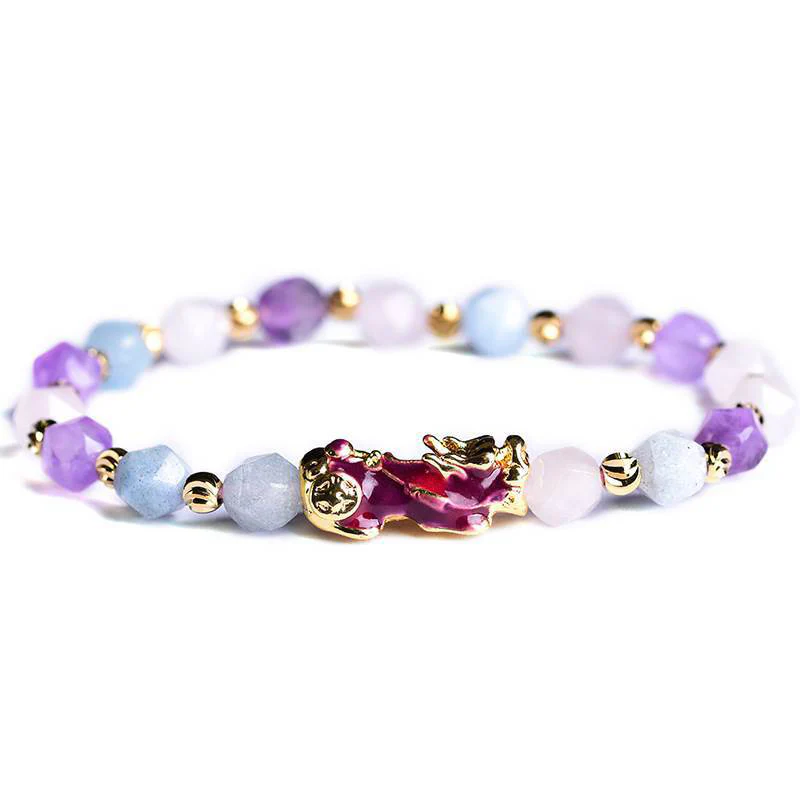 Bracciale con ciondolo Pixiu della fortuna in ametista naturale