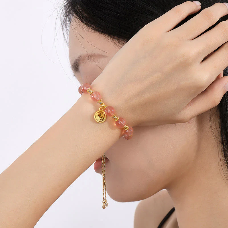 Bracciale con ciondolo positivo Fu Character Buddha Stones placcato oro 14K con quarzo fragola naturale - Image 7