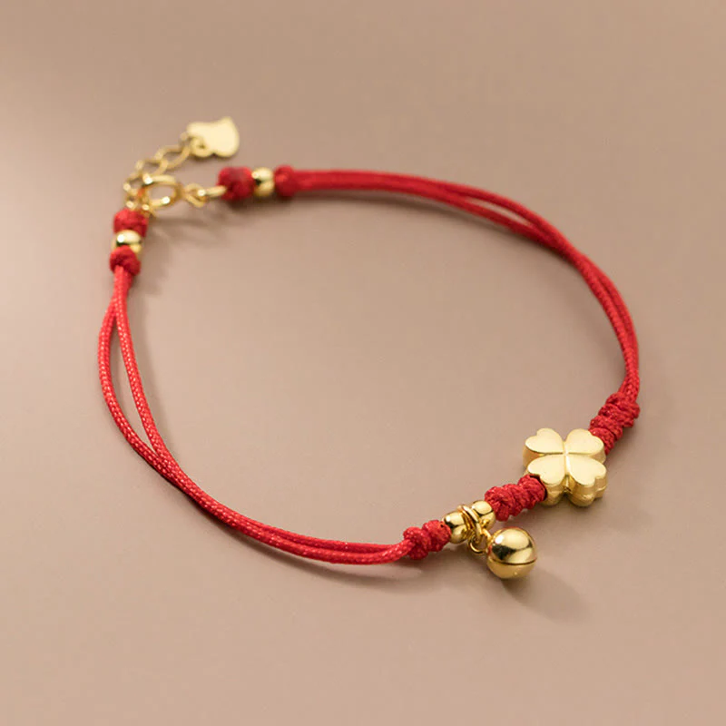 Bracciale con cordino rosso a forma di quadrifoglio placcato oro in argento sterling 925 Buddha Stones - Image 2