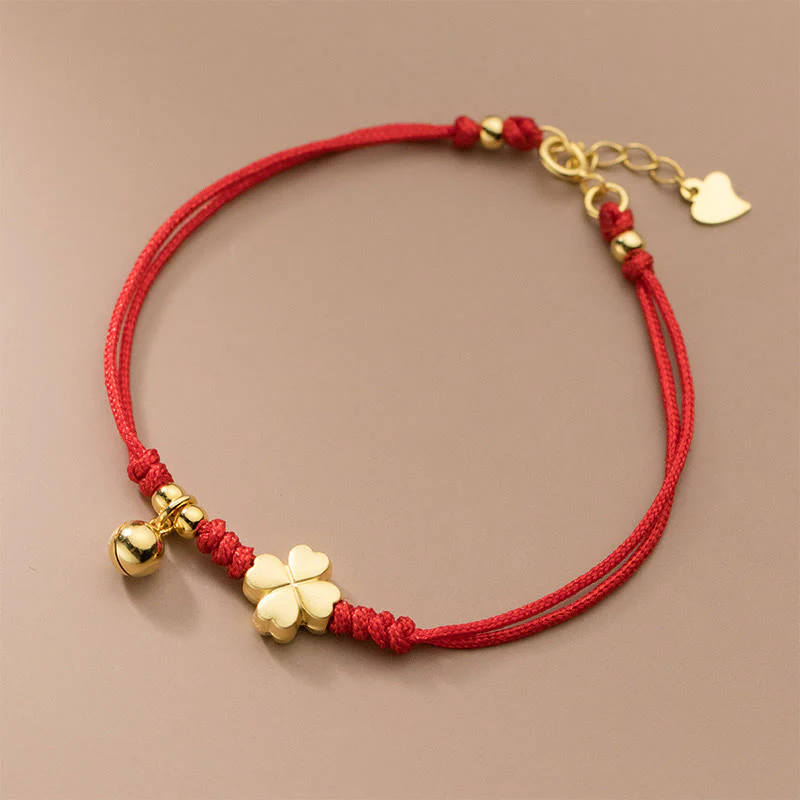 Bracciale con cordino rosso a forma di quadrifoglio placcato oro in argento sterling 925 Buddha Stones - Image 3
