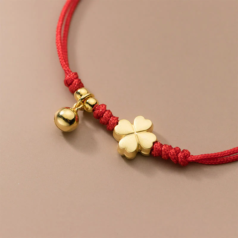 Bracciale con cordino rosso a forma di quadrifoglio placcato oro in argento sterling 925 Buddha Stones - Image 4