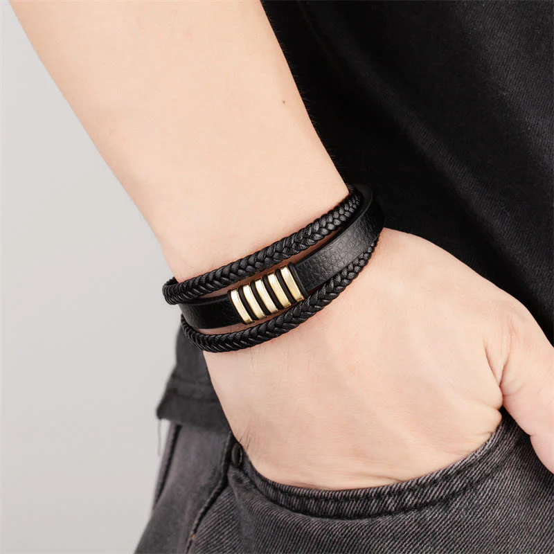 Bracciale con fibbia in acciaio al titanio e corda in pelle multistrato Buddha Stones - Image 2
