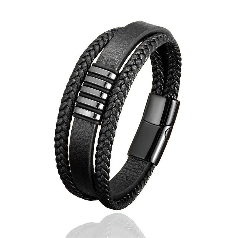 Bracciale con fibbia in acciaio al titanio e corda in pelle multistrato Buddha Stones - Image 9