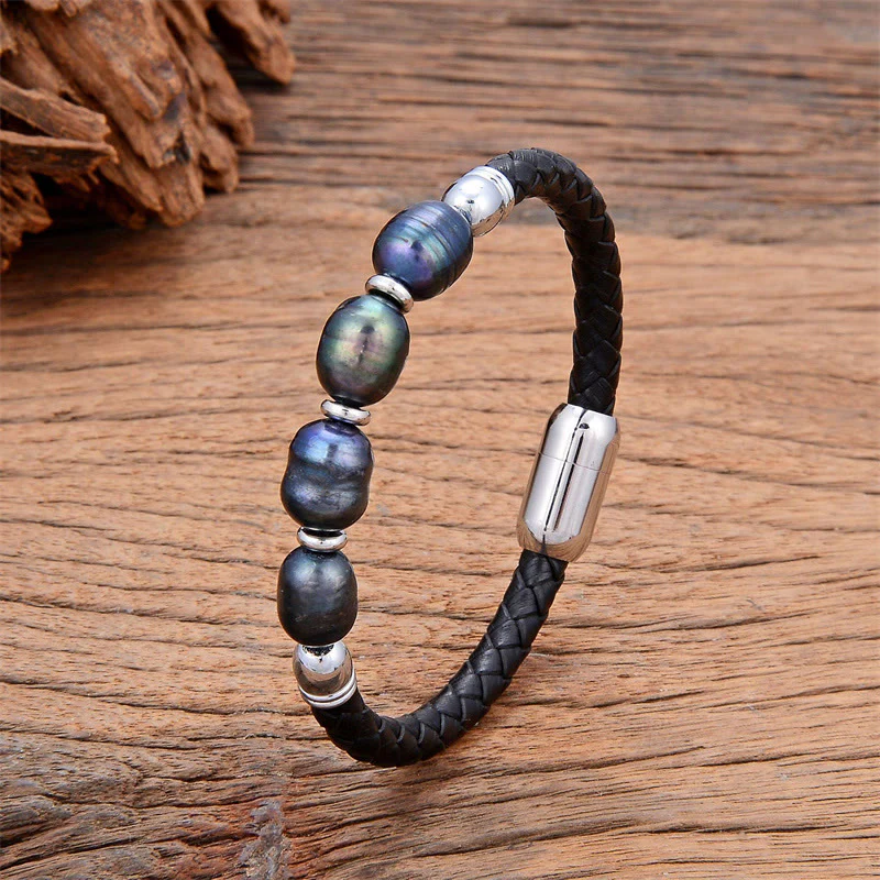 Bracciale con fibbia in acciaio al titanio e pelle curativa, fatto a mano, con perle di forma irregolare, Buddha Stones - Image 2