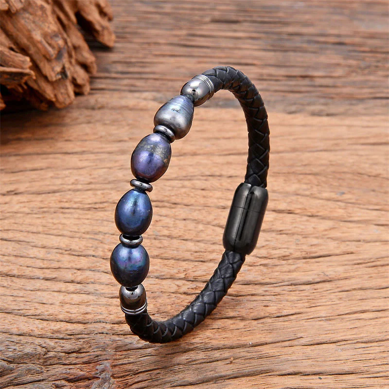 Bracciale con fibbia in acciaio al titanio e pelle curativa, fatto a mano, con perle di forma irregolare, Buddha Stones - Image 3