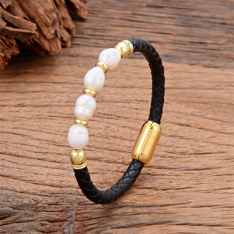 Bracciale con fibbia in acciaio al titanio e pelle curativa, fatto a mano, con perle di forma irregolare, Buddha Stones - Image 7
