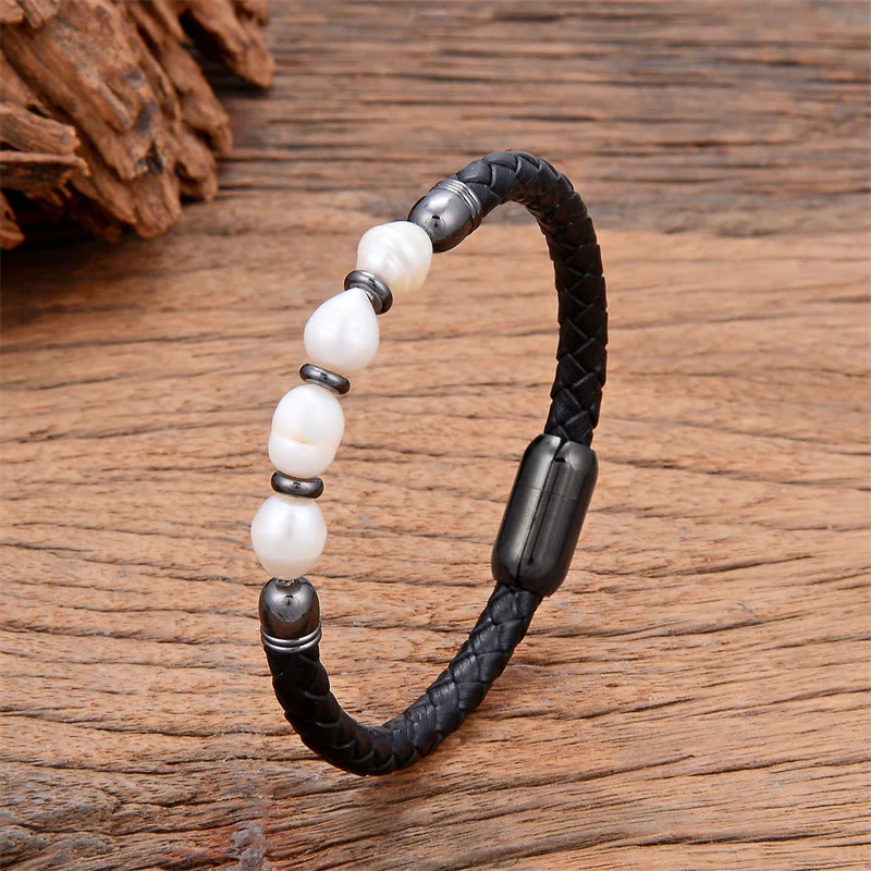 Bracciale con fibbia in acciaio al titanio e pelle curativa, fatto a mano, con perle di forma irregolare, Buddha Stones - Image 9