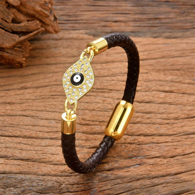 Bracciale con fibbia in metallo e pelle con protezione contro il malocchio Buddha Stones - Image 3