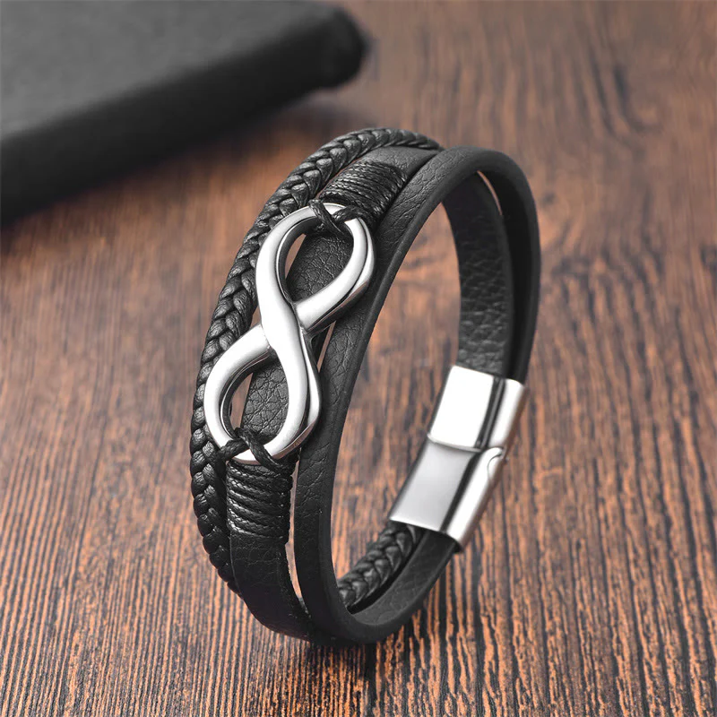 Bracciale con fibbia in pelle calma in acciaio al titanio con simbolo dell'infinito e nodo infinito eterno Buddha Stones