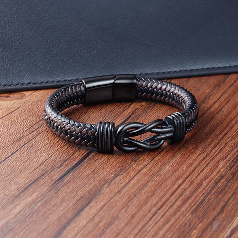Bracciale con fibbia in pelle e bilanciere in acciaio al titanio con motivo a nodo infinito Buddha Stones - Image 5