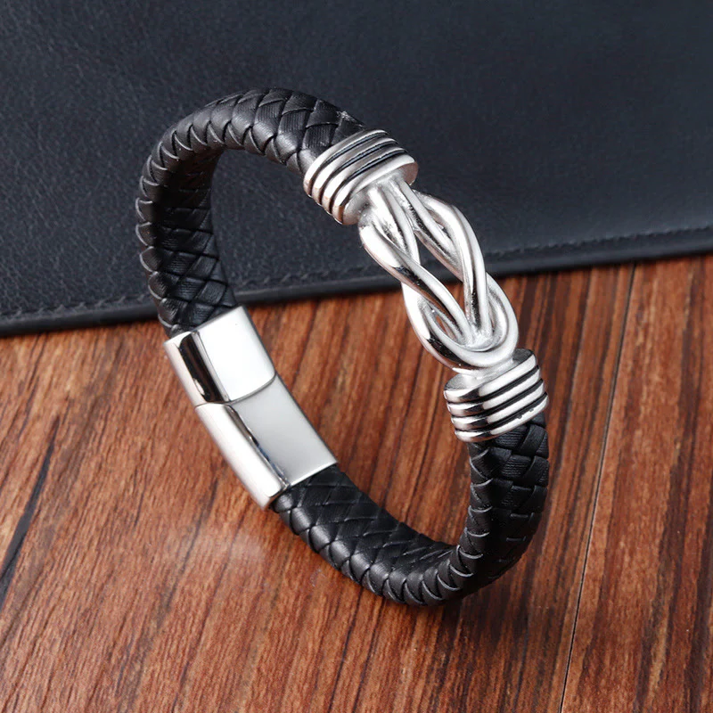 Bracciale con fibbia in pelle e bilanciere in acciaio al titanio con motivo a nodo infinito Buddha Stones - Image 9