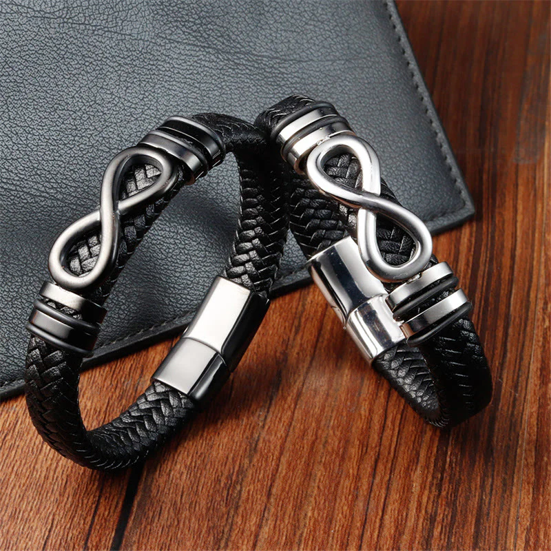 Bracciale con fibbia in pelle intrecciata rinforzata in acciaio al titanio con design a nodo infinito Buddha Stones - Image 2