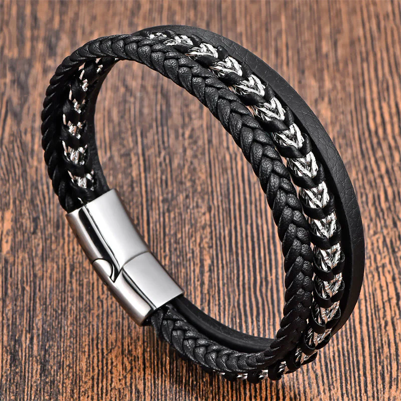 Bracciale con fibbia in pelle multistrato in acciaio al titanio con design intrecciato Buddha Stones