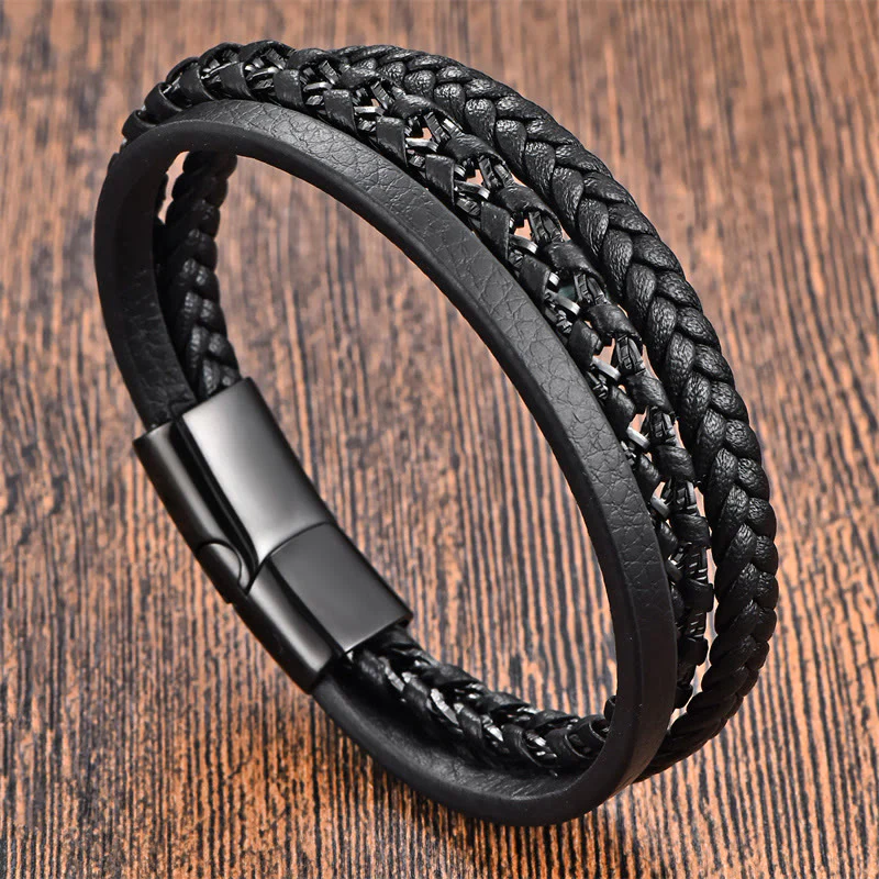 Bracciale con fibbia in pelle multistrato in acciaio al titanio con design intrecciato Buddha Stones - Image 3