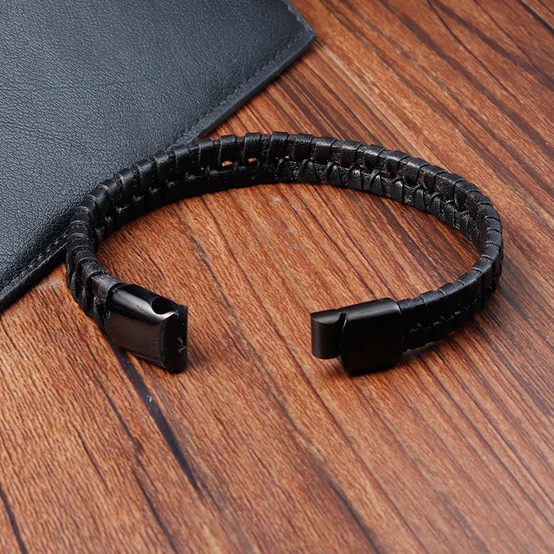 Bracciale con fibbia in pelle multistrato rinforzata in acciaio al titanio con motivo intrecciato semplice di Buddha Stones - Image 13