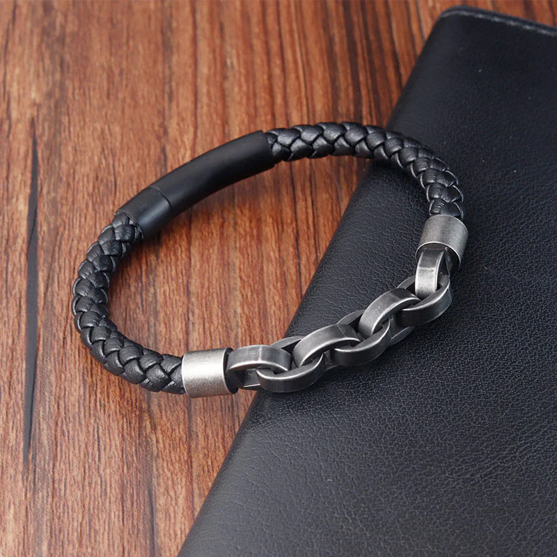 Bracciale con fibbia intrecciata in pelle e acciaio al titanio con design a catena Buddha Stones - Image 10