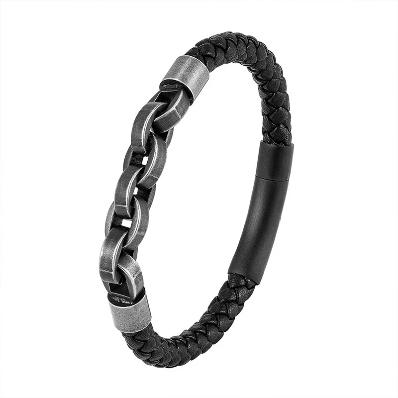 Bracciale con fibbia intrecciata in pelle e acciaio al titanio con design a catena Buddha Stones - Image 14