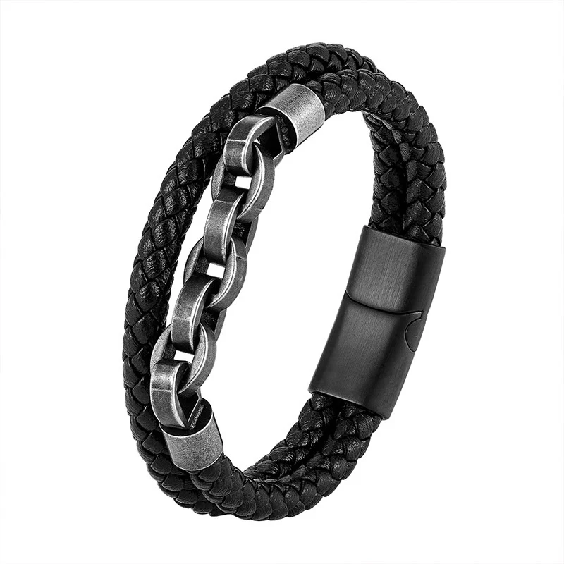 Bracciale con fibbia intrecciata in pelle e acciaio al titanio con design a catena Buddha Stones - Image 6
