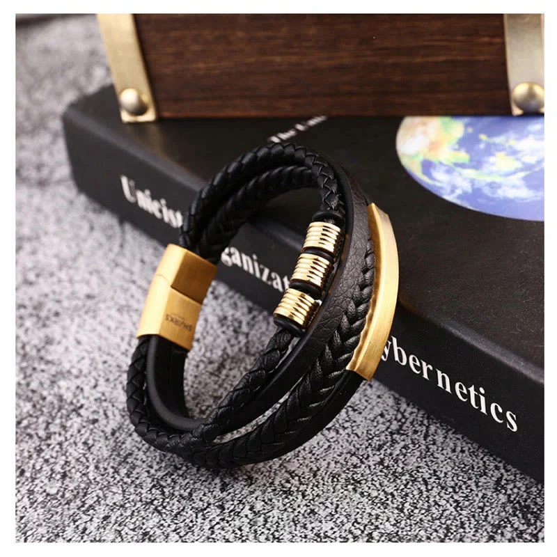 Bracciale con fibbia magnetica intrecciata in acciaio al titanio multistrato in pelle Buddha Stones - Image 17