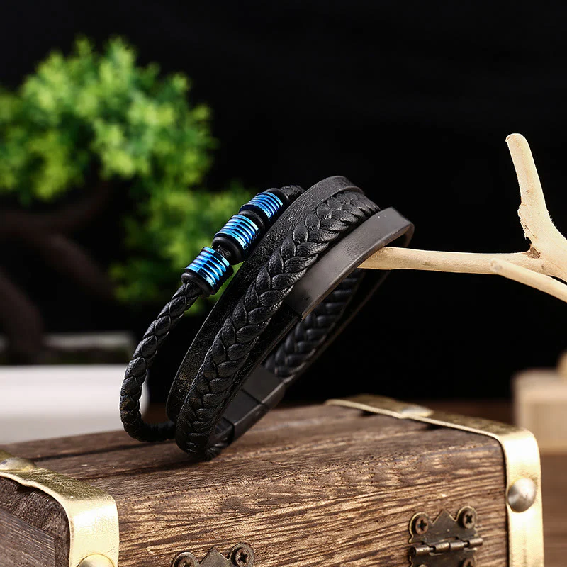 Bracciale con fibbia magnetica intrecciata in acciaio al titanio multistrato in pelle Buddha Stones - Image 21