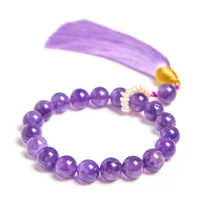 Bracciale da meditazione con nappe e perle di ametista naturale Buddha Stones - Image 6