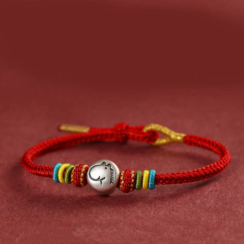 Bracciale della fede intrecciato con corda rossa in argento sterling 999 "Buddha Stones Year of the Horse" - Image 11