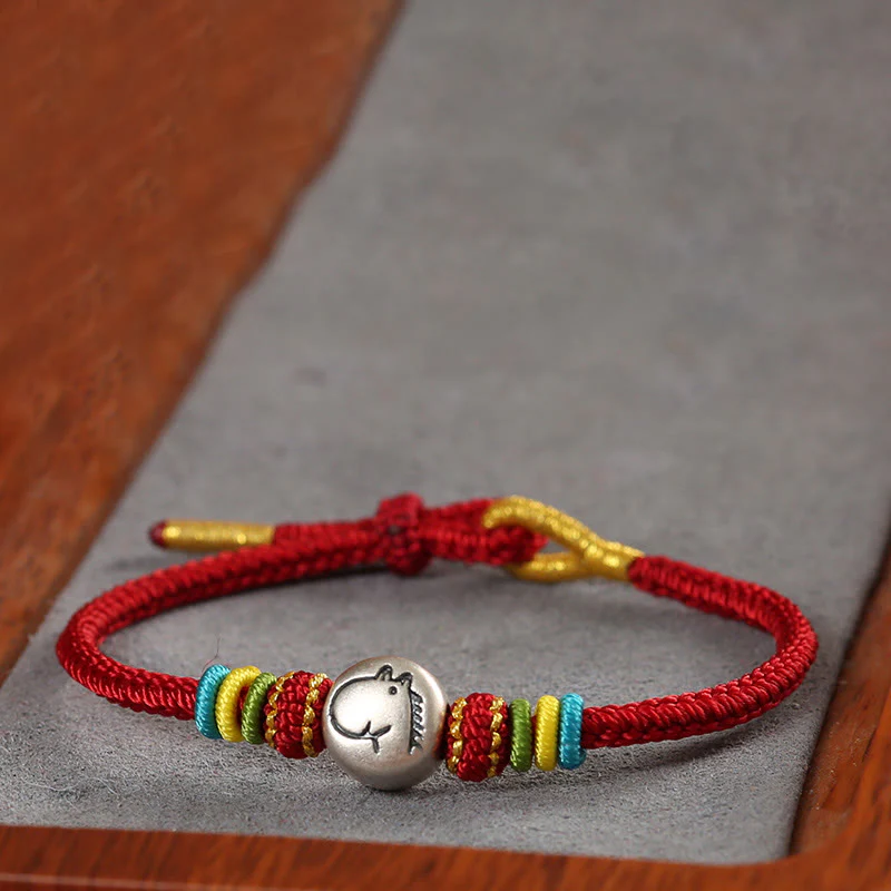Bracciale della fede intrecciato con corda rossa in argento sterling 999 "Buddha Stones Year of the Horse" - Image 3