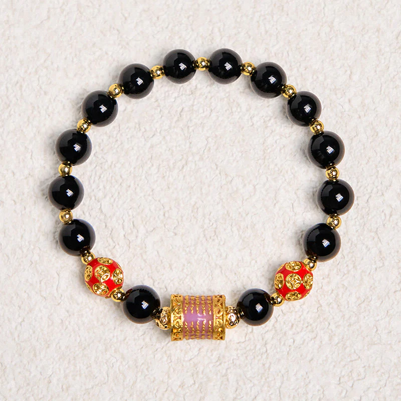 Bracciale della fortuna con cinque monete di rame e onice nero naturale di Buddha Stones - Image 6