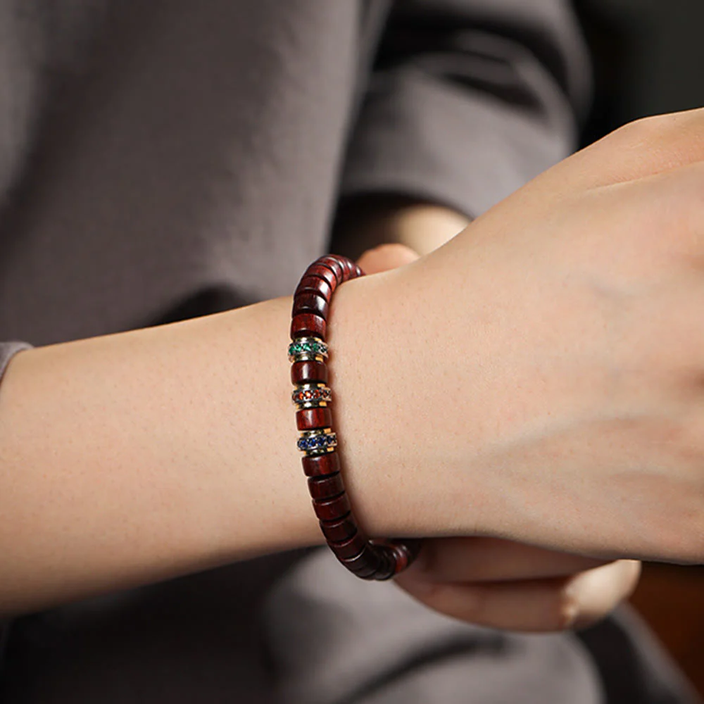 Bracciale della pace con zirconi, piccole foglie di sandalo rosso e Buddha Stones in legno di ebano - Image 10