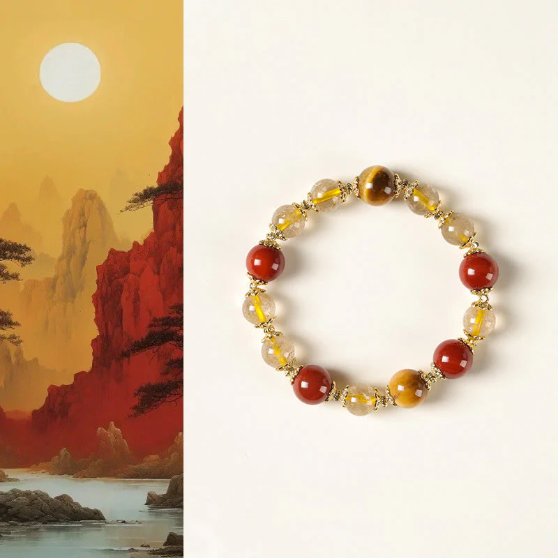 Bracciale della ricchezza con perle di occhio di tigre, quarzo rutilato dorato naturale Buddha Stones