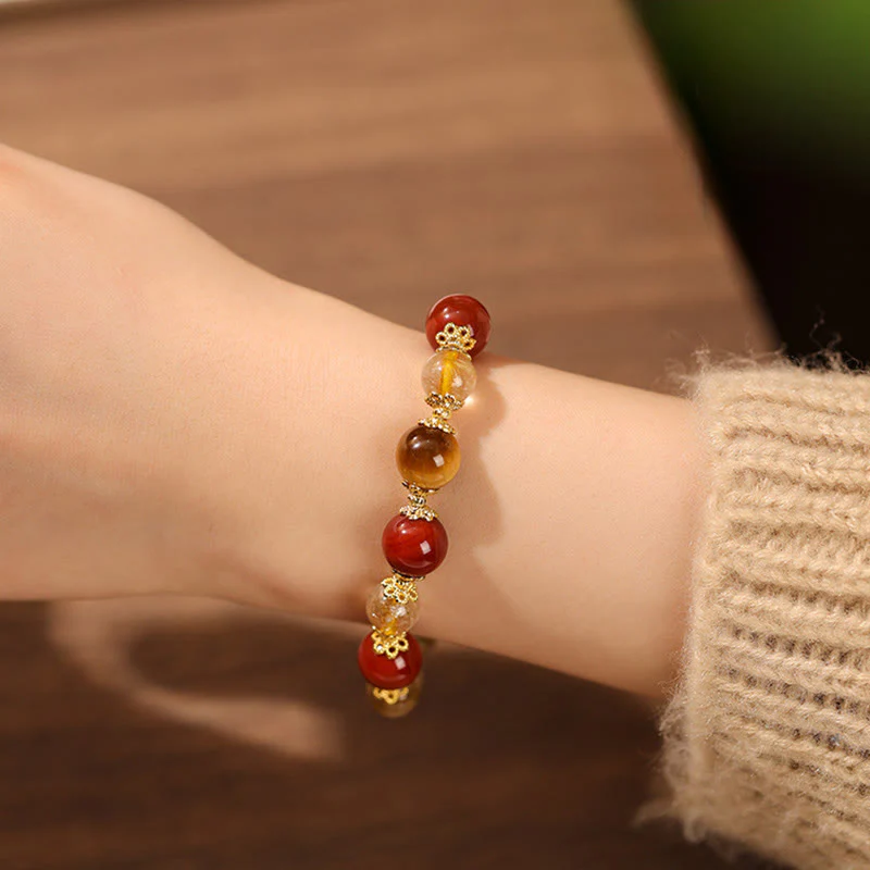 Bracciale della ricchezza con perle di occhio di tigre, quarzo rutilato dorato naturale Buddha Stones - Image 5