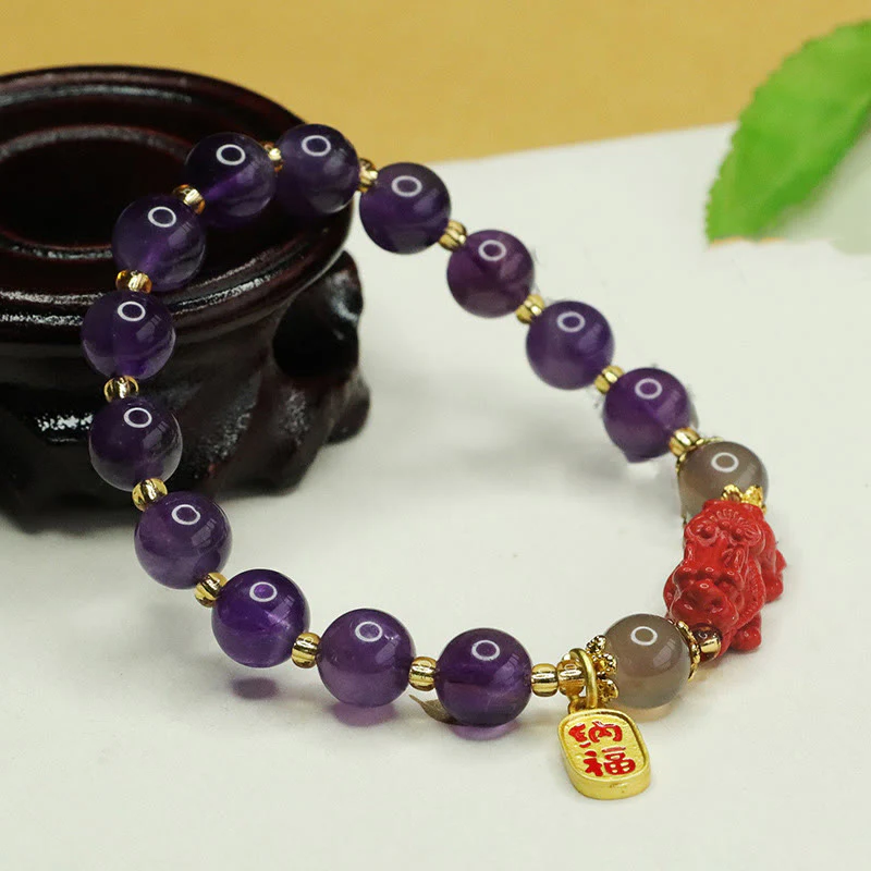 Bracciale dell'equilibrio del carattere Pi Xiu Fu Buddha Stones, ametista naturale e cinabro - Image 3