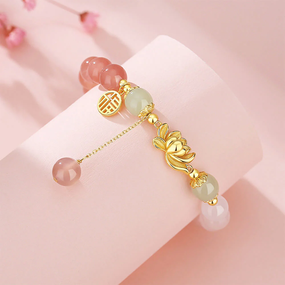Bracciale dell'illuminazione con carattere Fu di loto in giada Hetian, argento sterling 925, Buddha Stones - Image 4