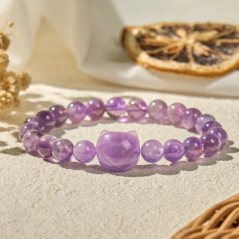 Bracciale di consapevolezza spirituale in ametista con faccia di gatto Buddha Stones