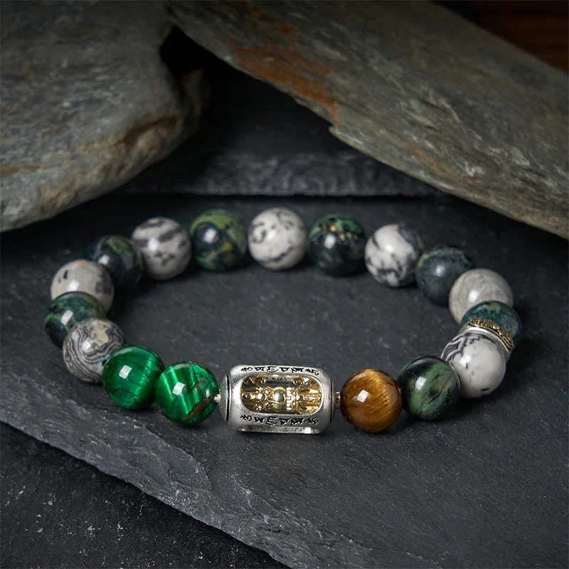 Bracciale di protezione Buddha Stones, diaspro grigio naturale, diaspro Kambamba, occhio di tigre, Om Mani Padme Hum