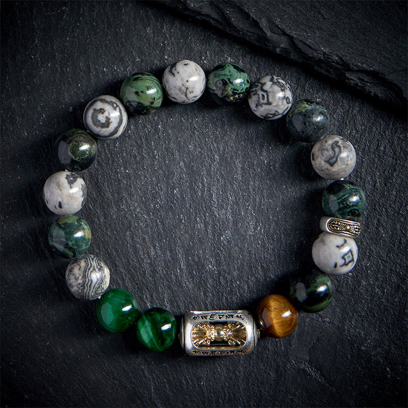 Bracciale di protezione Buddha Stones, diaspro grigio naturale, diaspro Kambamba, occhio di tigre, Om Mani Padme Hum - Image 2