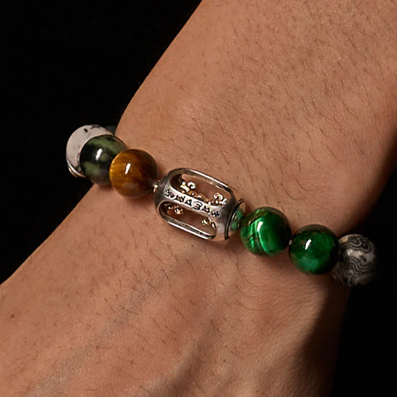 Bracciale di protezione Buddha Stones, diaspro grigio naturale, diaspro Kambamba, occhio di tigre, Om Mani Padme Hum - Image 3