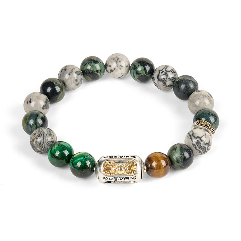 Bracciale di protezione Buddha Stones, diaspro grigio naturale, diaspro Kambamba, occhio di tigre, Om Mani Padme Hum - Image 5