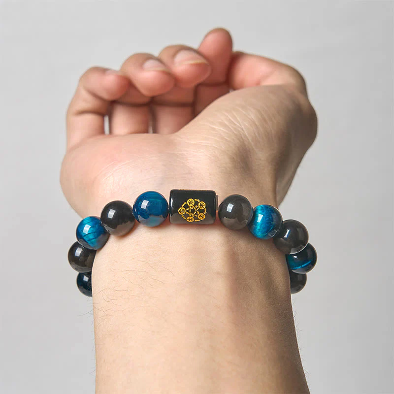 Bracciale di protezione dei cinque elementi in onice nero, ossidiana blu, occhio di tigre blu e Buddha Stones - Image 4