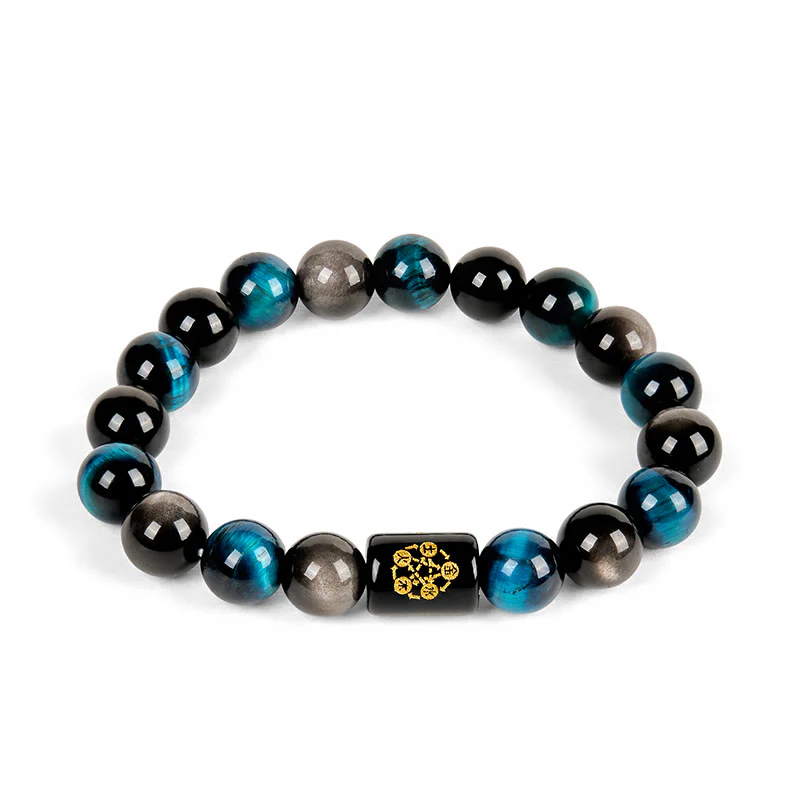 Bracciale di protezione dei cinque elementi in onice nero, ossidiana blu, occhio di tigre blu e Buddha Stones - Image 5