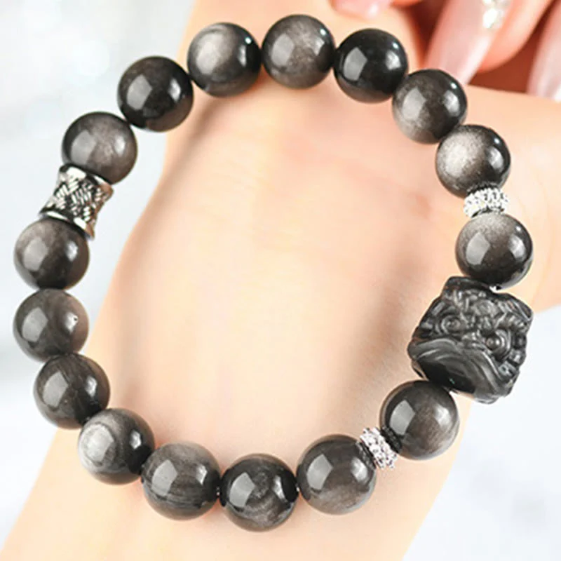 Bracciale di protezione della danza del leone in ossidiana lucida e argento naturale Buddha Stones - Image 11