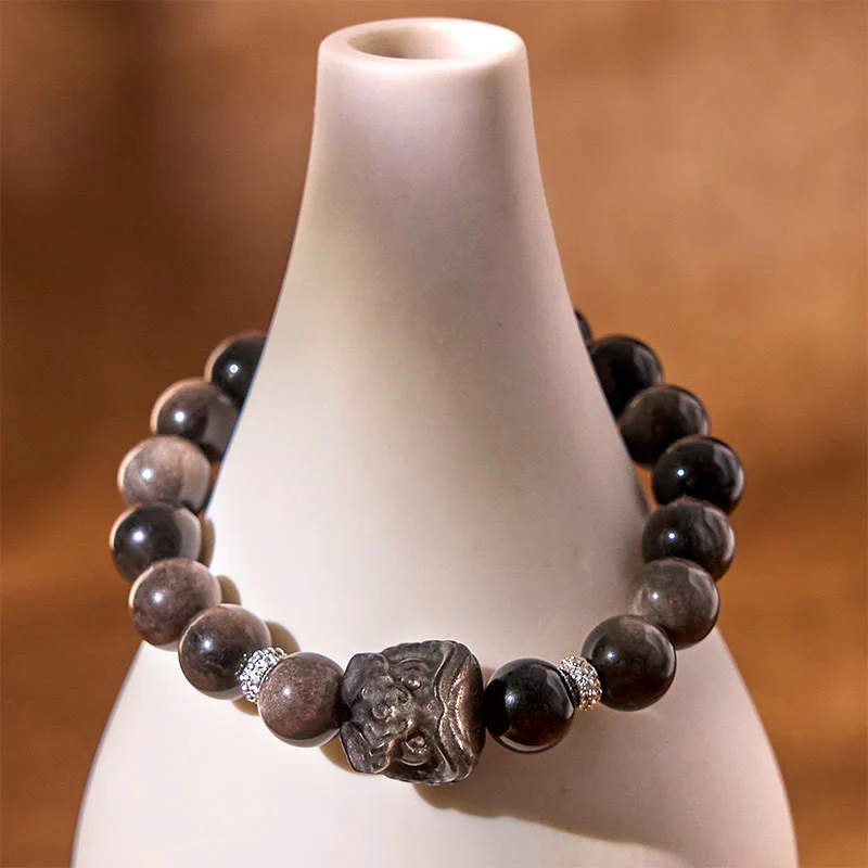 Bracciale di protezione della danza del leone in ossidiana lucida e argento naturale Buddha Stones - Image 9